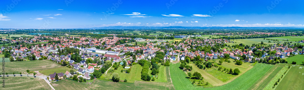 Aerial panorama of Eschau, a village near Strasbourg - Grand Est, France