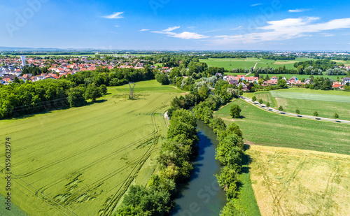 Aerial panorama of the Ill river between Fegersheim and Eschau near Strasbourg - Grand Est, France