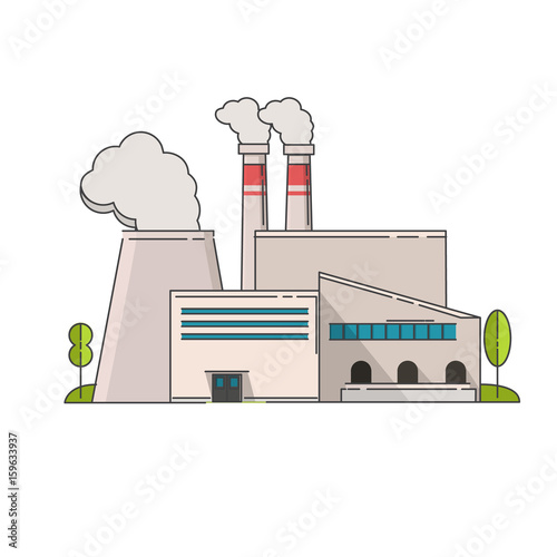 Industrial factory in flat style a vector an illustration.Plant or Factory Building. road tree window facade.Manufacturing factory building. industrial building concept.Eco style factory line