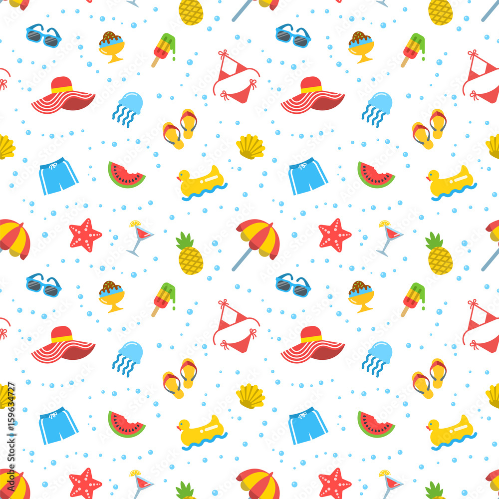 Summer beach sea vacation seamless pattern. Vector flat tileable  background. Simple icons of cruise essentials on white backdrop. Wallpaper,  wrapping, pack paper, fashion textile colorful design Stock Vector | Adobe  Stock