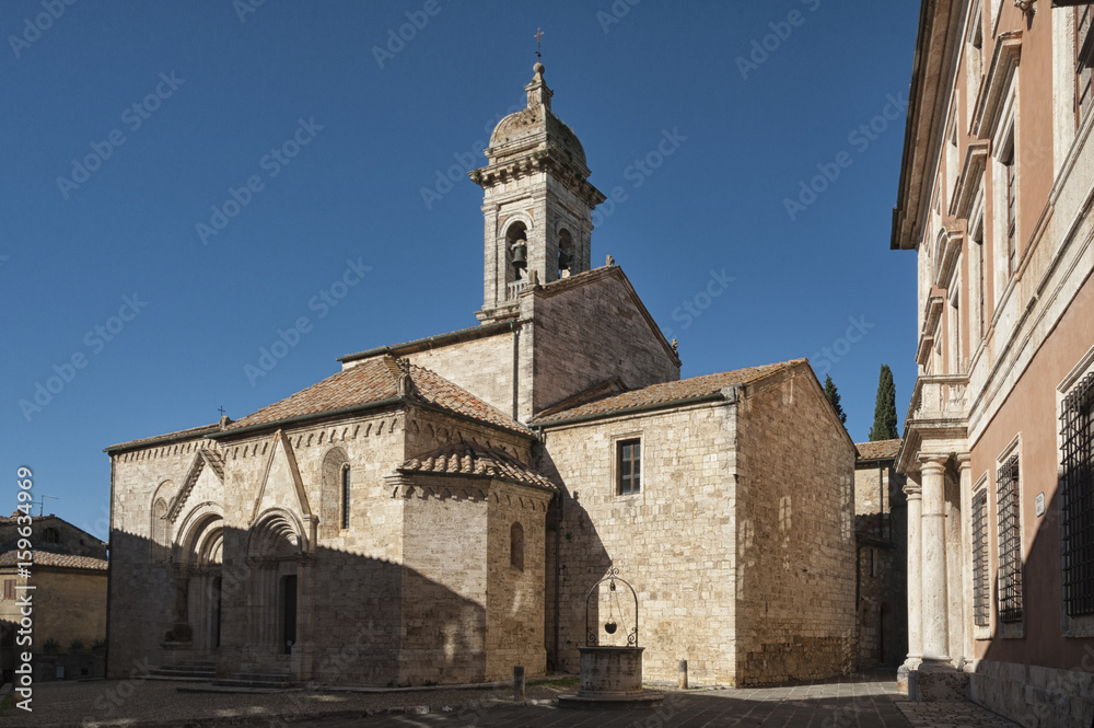 SAN QUIRICO D'ORCIA, ITALY - OCTOBER 30, 2016 - Medieval catholic church in Tuscany, la Collegiata (sec. XIV) antique cathedral of San Quirico d'Orcia, Siena, Italy