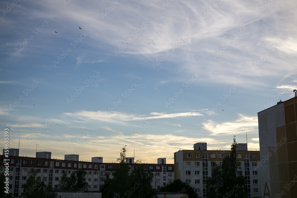 Sunrise and sunset over the buildings in the Zilina city. Slovakia