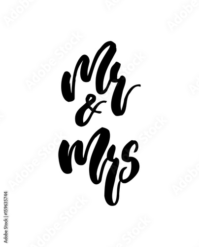 Wedding calligraphy lettering Mr and Mrs on white isolated.