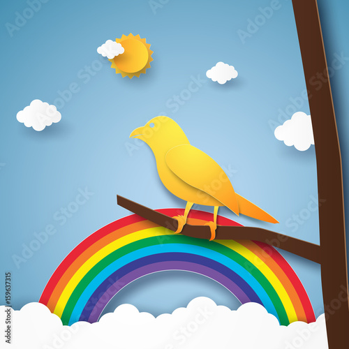 Bird on branch with rainbow and cloud , paper art style