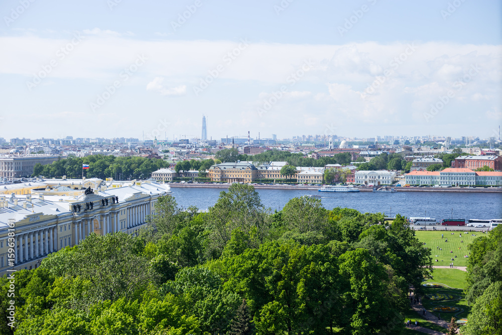 Panoramic view of Vasilievsky island and Neva river in Saint Petersburg.