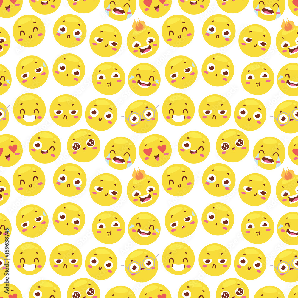 Seamless pattern with cheerful happy smile emojji faces website yellow expression emotion icons background vector illustration Seamless pattern with cheerful happy smile emojji faces website yellow expression emotion icons background vector illustration