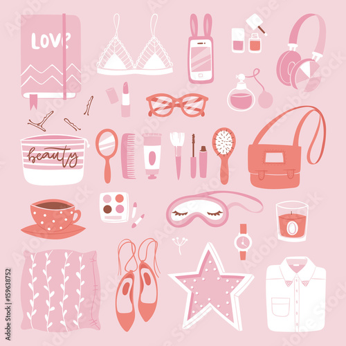 Vector fashion girl clothing and accessories isolated shopping items and beautiful cosmetic or makeup.