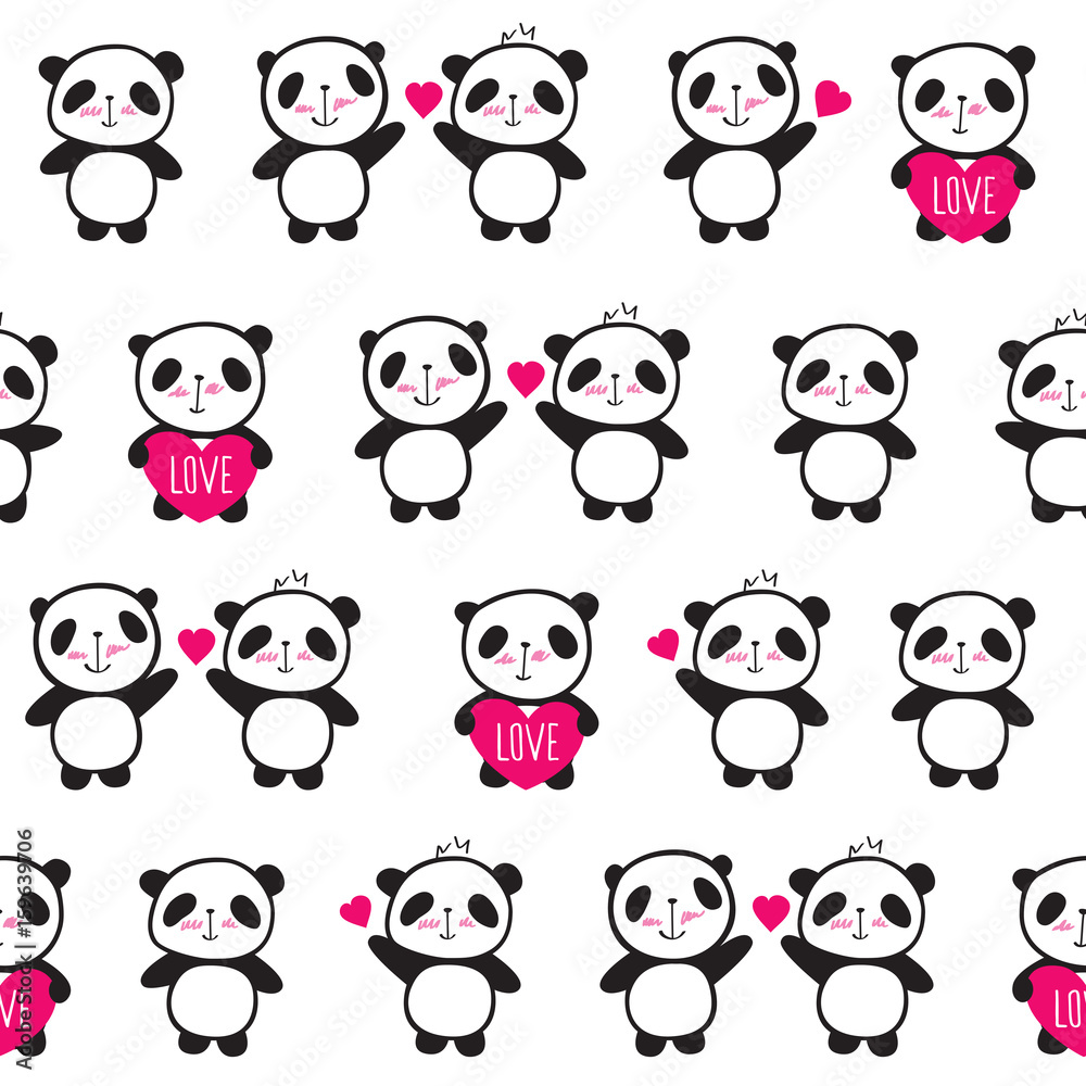 Seamless pattern with hand drawn cute pandas and hearts for textiles, wallpapers, gift wraps and scrapbook. Sketch, doodles, elements for Valentine's Day, mother's day, birthday, wedding. Vector.