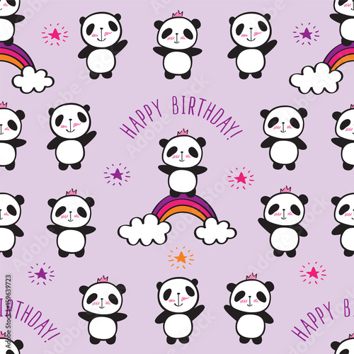 Fototapeta Naklejka Na Ścianę i Meble -  Seamless pattern with cute pandas and rainbows for children's textiles, wallpapers, gift wraps and scrapbook. Happy birthday. Vector.