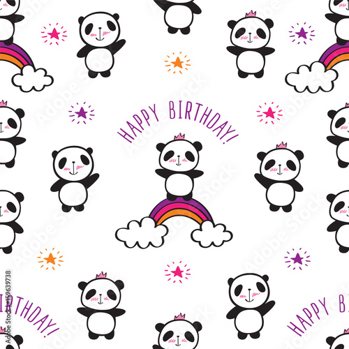 Fototapeta Naklejka Na Ścianę i Meble -  Seamless pattern with cute pandas and rainbows for children's textiles, wallpapers, gift wraps and scrapbook. Happy birthday. Vector.