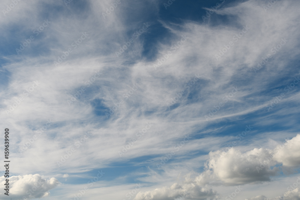 Cirrus clouds with Cumulus in the lower part of the frame in the blue sky