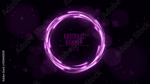 Luminous neon banner of purple color. Shining lights in motion with small particles. Glare bokeh. Flying motes and lights. Banners for the web. Vector illustration