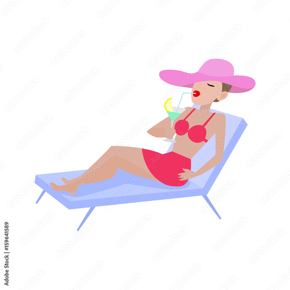 Obraz premium Vector cartoon girl in swimsuit lies on deckchair