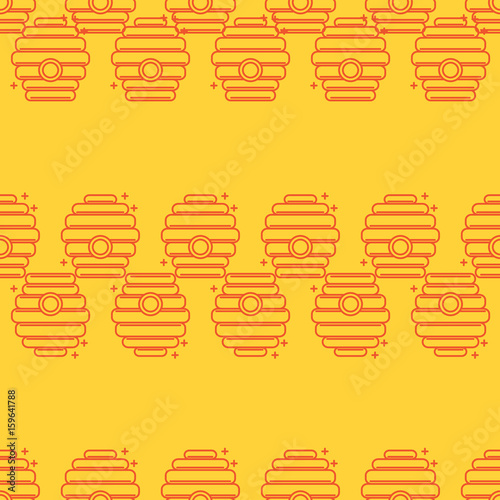 Beautiful Seamless pattern in a linear style on the theme of apiary and beekeeping. Bee houses, beehives. Texture for scrapbooking, wrapping paper, textiles, web page, wallpapers, surface design, photo