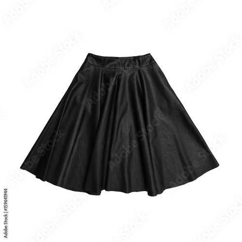 black leather a-line skirt isolated on white background