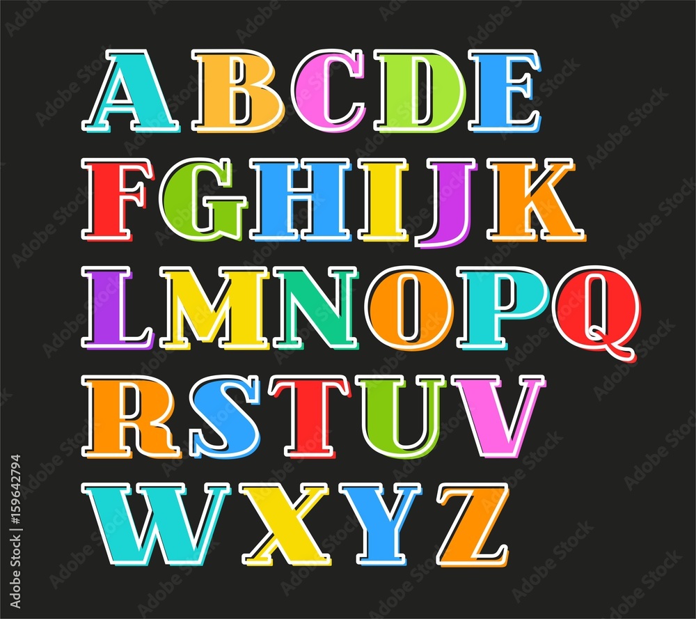 English alphabet colorful letters, white outline, black background, vector.  Capital letters with serif on a black background. White outline is offset to the side.  