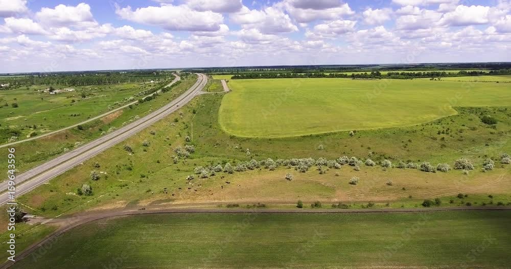 Aerial view of the Kiev-Odessa highway. Flying over cars, trucks, near a green field Aerial view of the Kiev-Odessa highway. Flying over cars, trucks, near a green field