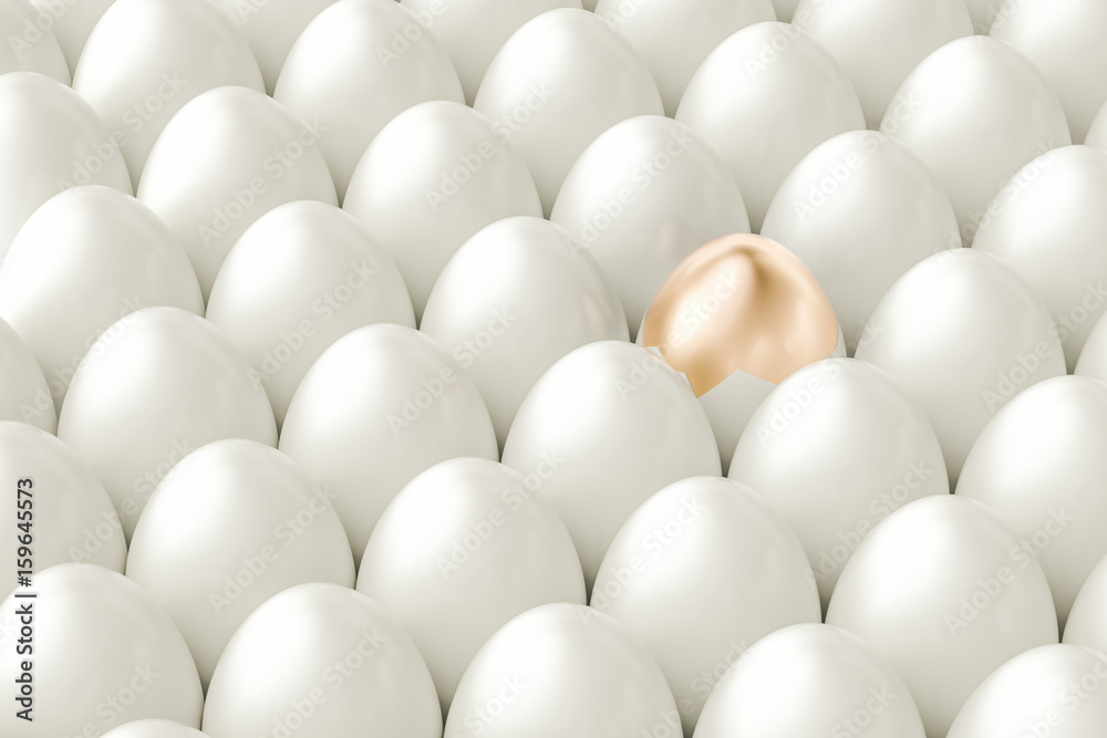Golden egg among white eggs, leader and success concept. 3D rendering Golden egg among white eggs, leader and success concept. 3D rendering