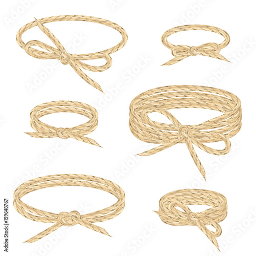 Linen string wind up wrap style set. Twine in circles with bows and knots.