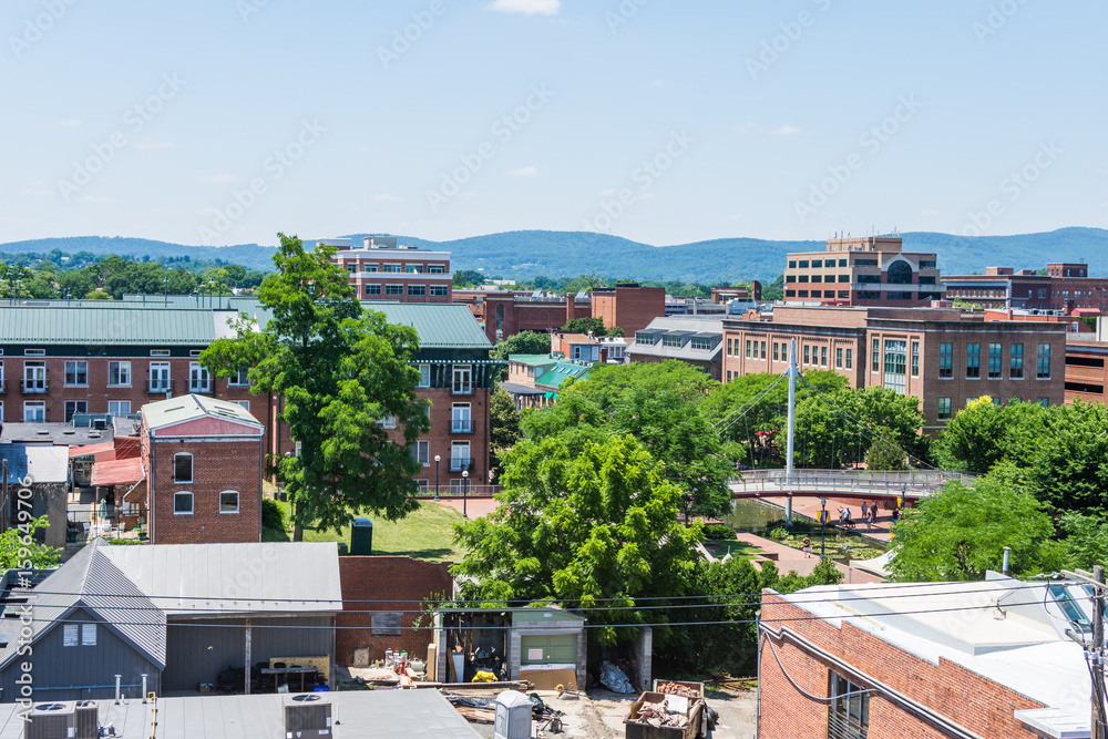 Fototapeta premium Aerial of Downtown Frederick and Carrol Creek Promenade in Frederick, Maryland