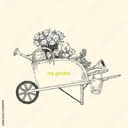 My garden. Garden cart. Vintage style. Vector illustration