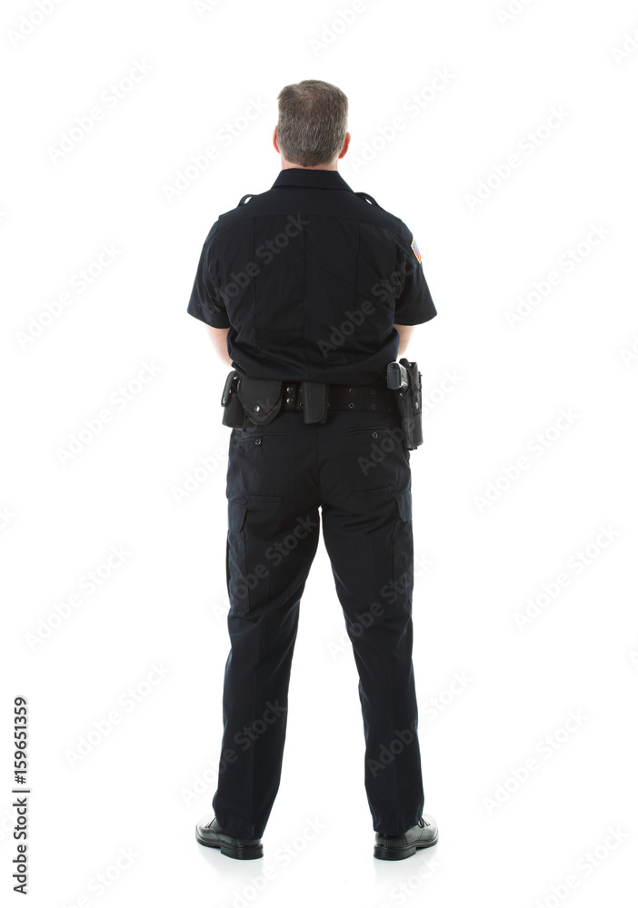 Fototapeta premium Police: Rear View Of Male Officer Standing Casually