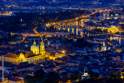 Prague at twilight blue hour, view of Bridges on Vltava with Mala Strana, Prague Castle