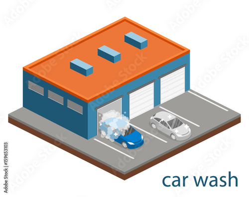 Isometric flat 3D isolated vector cutaway building car wash service.