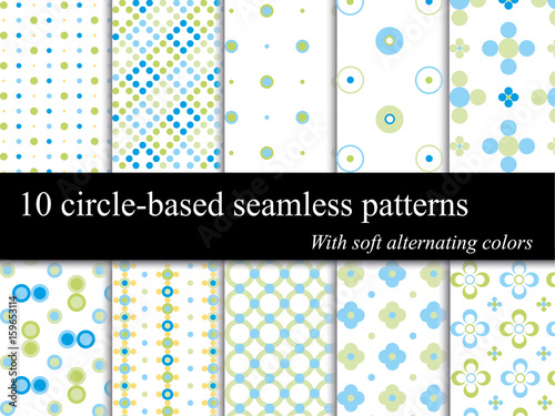 10 circle-based (dotted) vector seamless patterns with a soft alternating colors theme, arranged by layers with a single element and a pattern example for each item