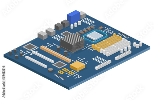 Isometric flat 3D isolated concept vector computer motherboard information system