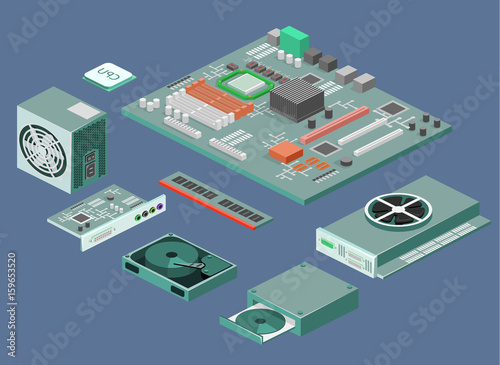 Isometric flat 3D isolated vector white computer Computer parts