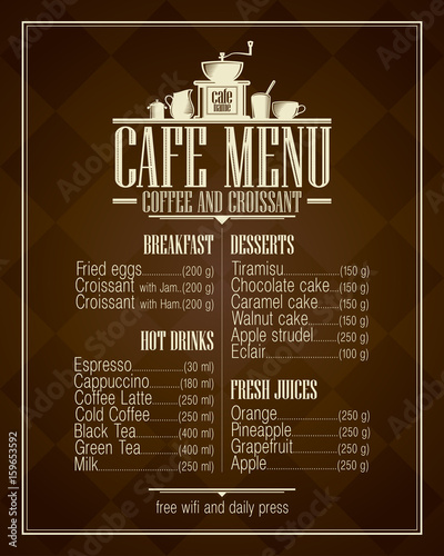 Retro style cafe menu list with dishes name.