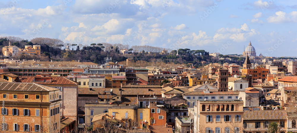 Italy, Rome, view from the Aventine Hill to the Gianiculum Hill, Trastevere, the Garibaldi Monument and St. Peter's Cathedral in the Vatican