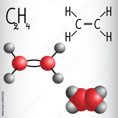 Chemical formula and molecule model of Ethylene C2H4 photo