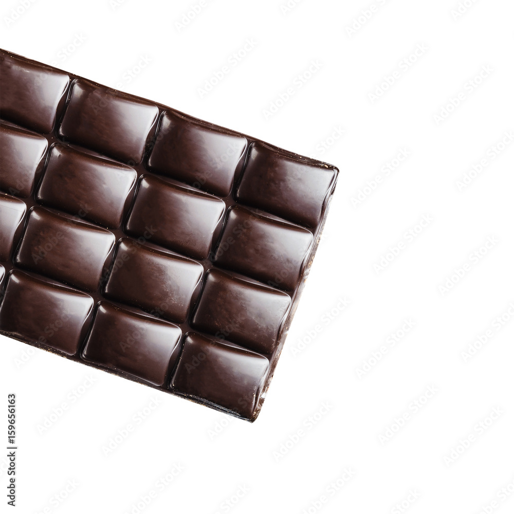 Bitter, dark chocolate bar isolated on white background, top view