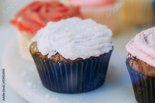 Muffins in bakery shop window