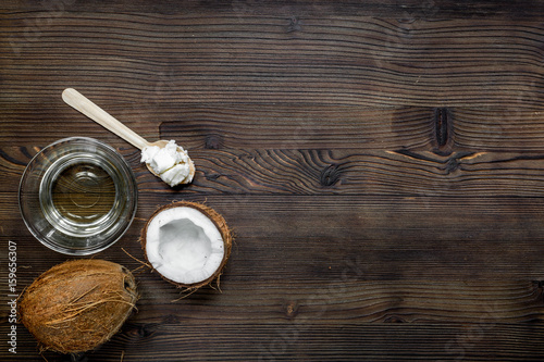 coconut food with water and wooden spoon on table background top view mockup