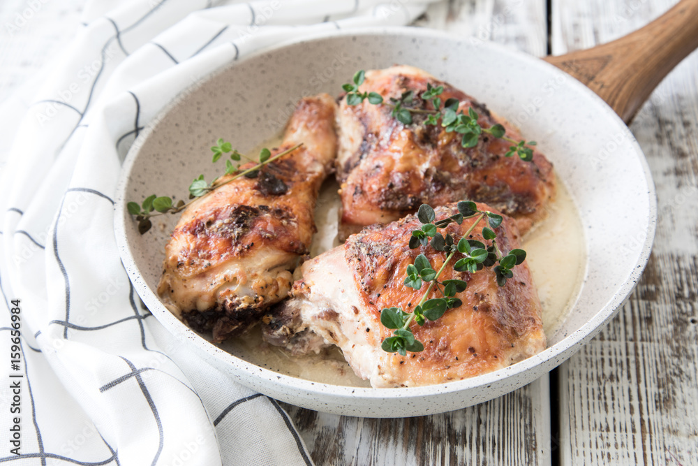 Fried golden chicken thighs with spices and herbs. Baked chicken legs Fried golden chicken thighs with spices and herbs. Baked chicken legs