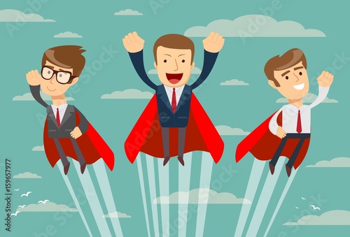 Super business team- businessmen in red capes flying upwards to their success. Stock vector illustration for poster, greeting card, website, ad, business presentation, advertisement design.