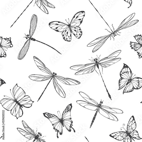 Dragonflies and butterflies. Seamless pattern. Black and white vector illustration.