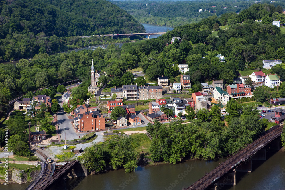 Aerial view of the town of Harpers Ferry, West Virginia, which includes Harpers Ferry National Historical Park, located between the Potomac River and the Shenandoah River.