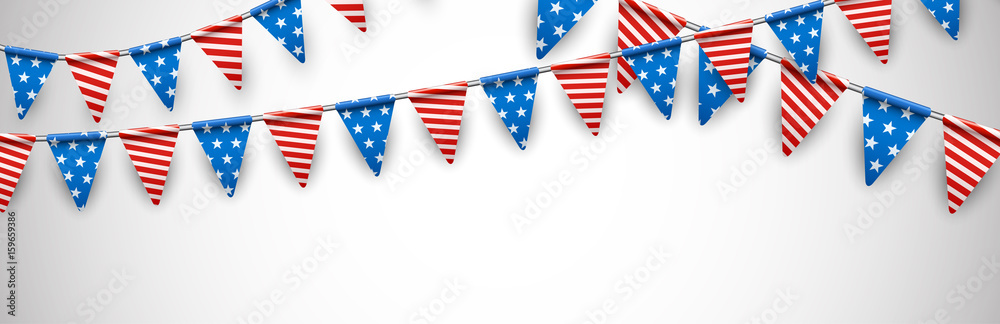White banner with American flags.
