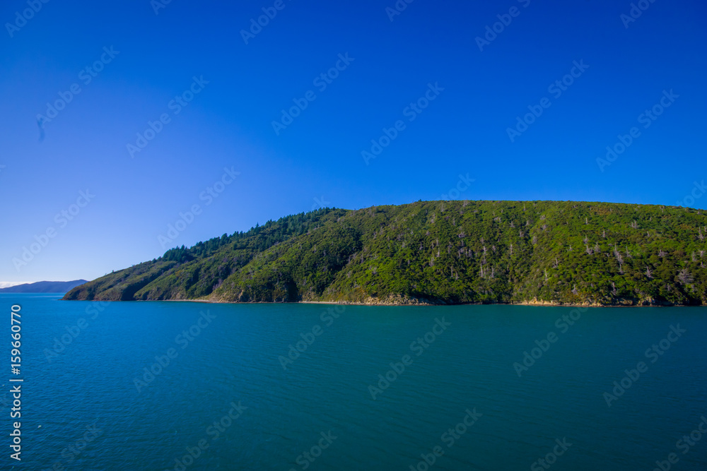 Amazing view from seen from ferry from north island to south island, in New Zealand