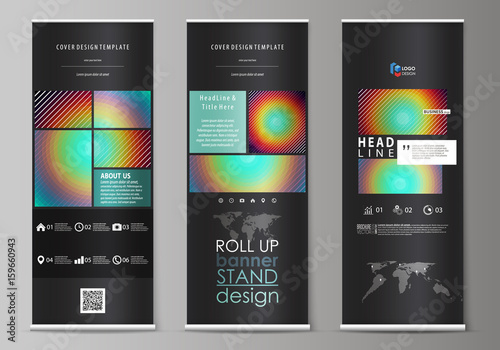Roll up banner stands, abstract geometric style templates, corporate vertical vector flyers, flag layouts. Minimalistic design with circles, diagonal lines. Geometric shapes forming retro background.