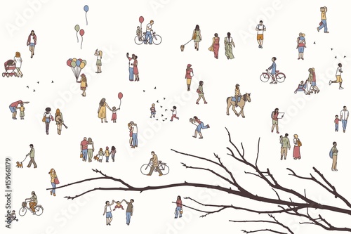 Tiny pedestrians in the street, a diverse collection of small hand drawn men and women walking through the city, with tree branch in the foreground