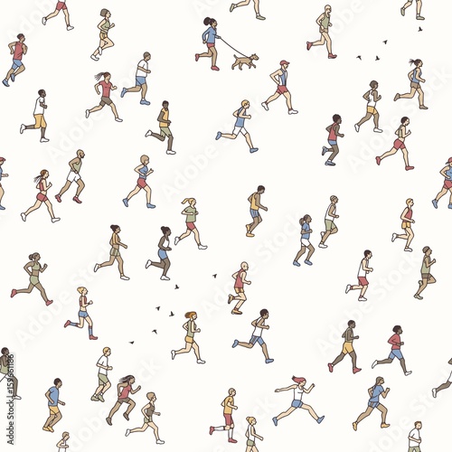 Seamless pattern of tiny marathon runners: a diverse collection of small hand drawn men and women running from left to right