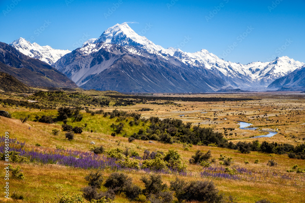 Beautiful landscape view of mountain range and MtCook peak, New Zealand