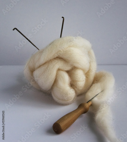 Felting wool and tools: needles, handle for needles