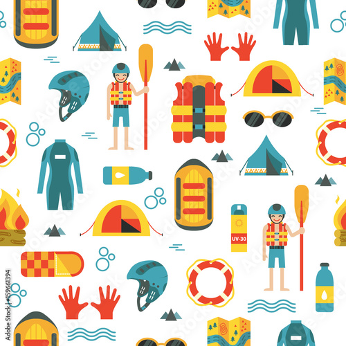 Vector seamless pattern with rafting and camping equipment