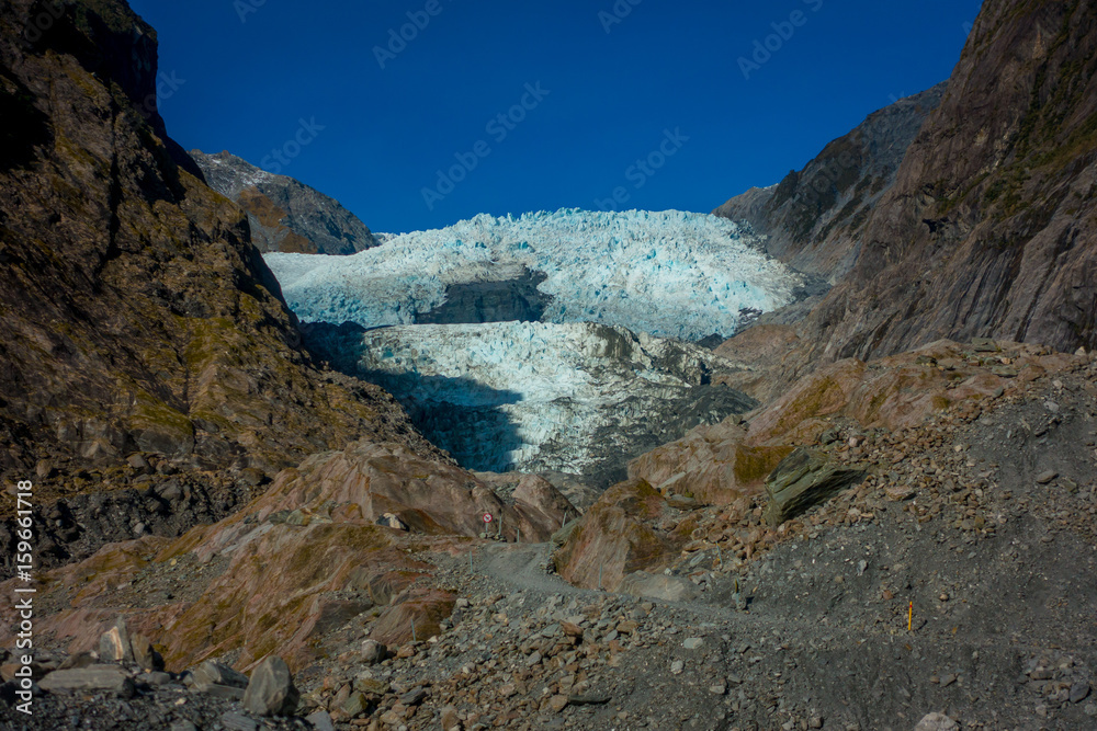 Franz Josef Glacier and valley floor, Westland, South Island, Franz Josef Glacier National Park, in New Zealand